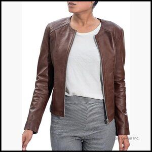 Slim Fit Lambskin Leather Jacket with Round Neck and Zipper Cuffs